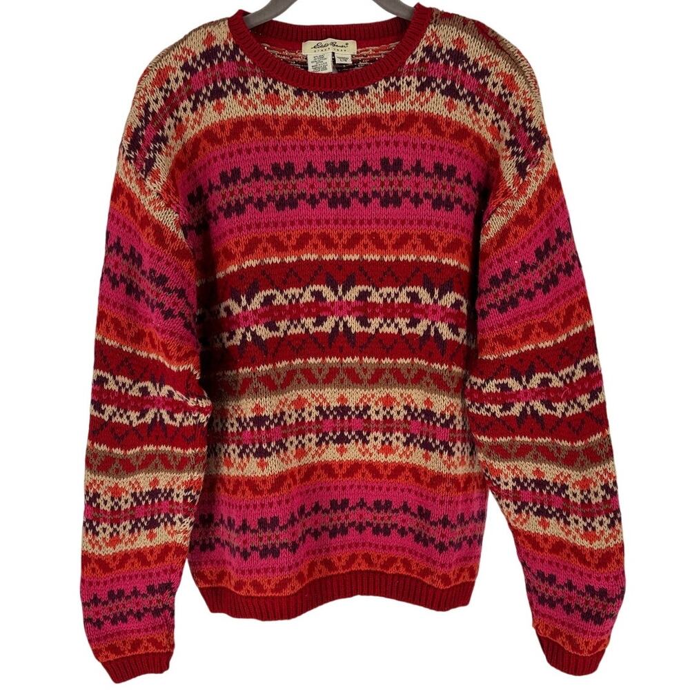 Vintage Eddie Bauer Fair Isle Knit Sweater, Womens Sz L Made In USA, 100% Cotton